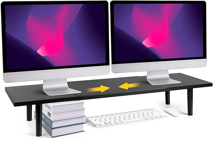 Across-Star Dual-Monitor-Stand-Riser-For-Desk Adjustable Length 32-40 Inch，Large Desktop Computer Monitor Riser For 2 Screens，Desk Shelf Organizer Riser Stand For Computer/Laptop/PC/Printer/TV Black