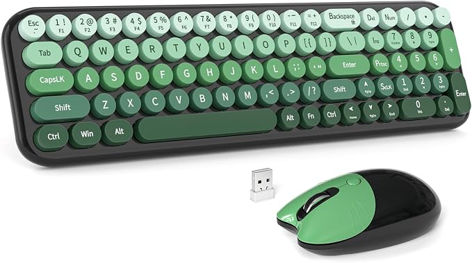 MOFII Wireless Keyboard and Mouse Combo, Compact Small Keyboard with Large Print, 2.4GHz Retro Typewriter Keyboard, Quiet Click Mouse for PC, Laptop, Desktop, Windows (Black Green Gradient)