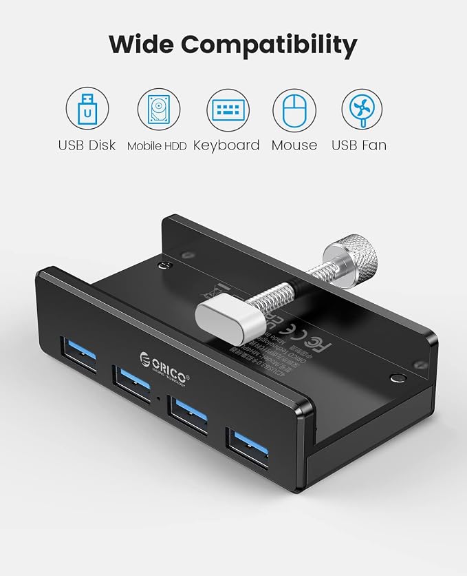 ORICO USB 3.0 Hub, USB Hub Clamp, Aluminum 4-Port USB Splitter with 4.92 FT USB Data Cable, Desktop Powered USB Hub for Monitors/Desks-Black (Without Power Adapter)