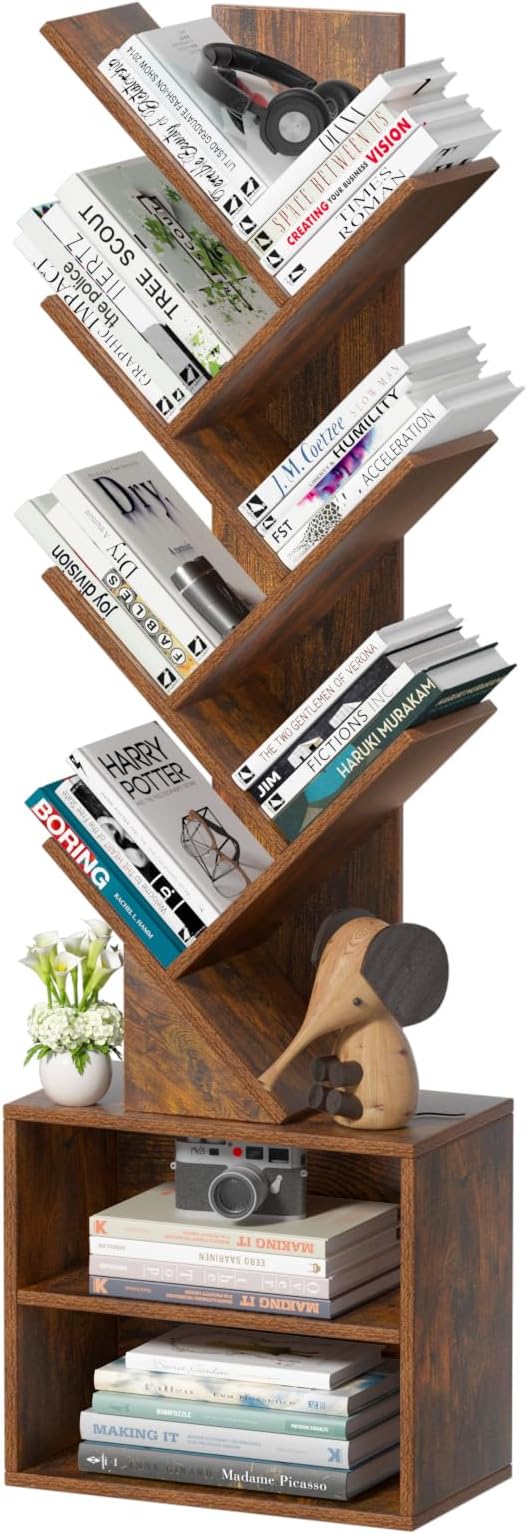 SHEEPAM 10 Tier Tree Bookshelf,Floor Standing Wood Tall Bookcase for Narrow Space, Storage Organizer Bookshelves for Books, Book Case for CDs/Movies/Books,Home Office,Living Room, Bedroom
