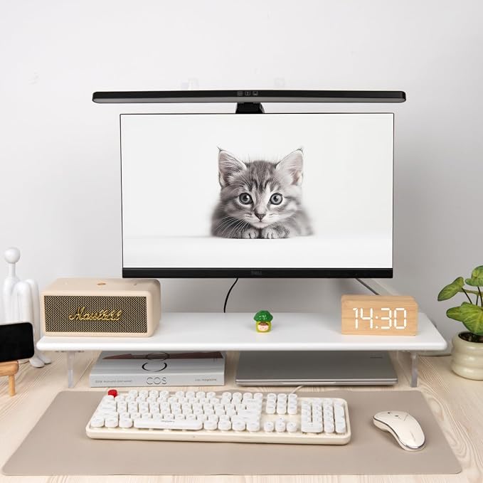 Bamboo Monitor Stand Riser with Acrylic Legs for Desk, 31.5 Inches Desktop Shelf Supports for PC Computer Monitor, Laptops, Printer, Speakers (White)