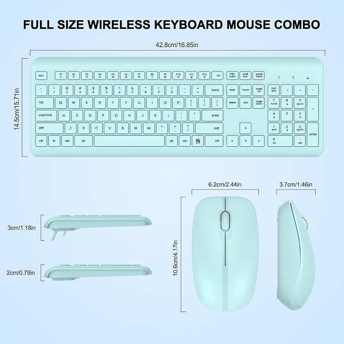 Wireless Keyboard and Mouse Combo, Full Size Silent Ergonomic Keyboard and Mouse, Long Battery Life, Optical Mouse, 2.4G Lag-Free Cordless Mice Keyboard for Computer, Mac, Laptop, PC, Windows(Green)