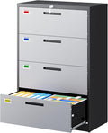 PEUKC 4 Drawer File Cabinet, Lateral Filing Cabinets for Home Office, Office Storage Drawers with Lock, Hanging Files Legal/Letter A4 Size (Assemble Required,Black Grey)