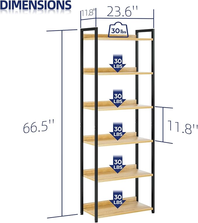 NUMENN Bookshelf, 6 Tier Bookshelves, Home Office Bookcase Shelf Storage Organizer, Free Standing Storage Shelving Unit for Bedroom, Living Room and Home Office, Natural
