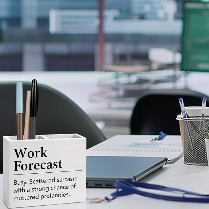 Funny Office Decor Humor Work Forecast Office Decoration Fun Desk Accessories Gifts for Women Men Coworkers Wooden Pencil Holder, Fun Gifts Desk Decor