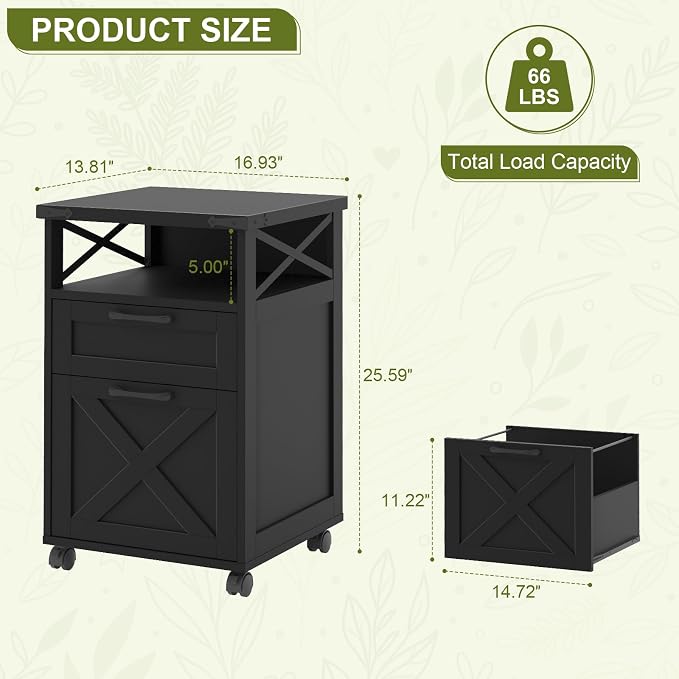 Farmhouse Filing Cabinet with Open Storage Space & Wheels, Office Filing Vertical Cabinet with 2 Drawers, Printer Stand for Hanging Files Letter/A4, Under Desk Storage Cabinets for Home Office.Black