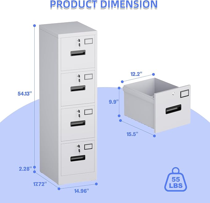 METAN Upgrade Metal 4 Drawer Files Cabinet for Home Office,Lockable Steel File Storage Cabinet with 4 Locks for Hanging Legal/Letter A4 Size, Assembly Required,White