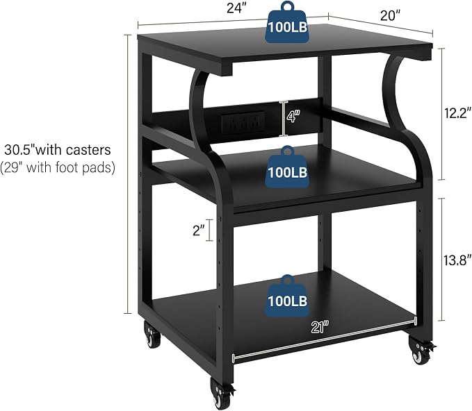 Natwind Large Printer Stand,24''x20''x29''Printer Table with Adjustable Storage Shelf,3 Tier Rolling Printer Cart with Wheels,Home Office Multifunctional Shelves for Heat Press (Black)