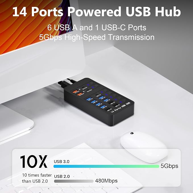 Powered USB Hub, 14 Ports USB Splitter Hub (10 Faster Data Transfer Ports+ 4 Smart USB Charging Port) USB Hub with LED Individual On/Off Switches for PC, Laptop, Desktop