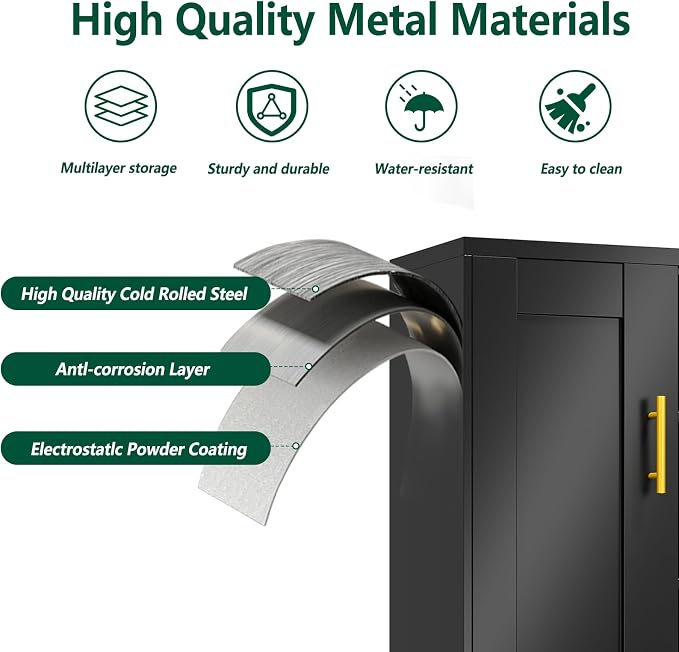 winiowa Tall Metal Storage Cabinet with Lock, Locking File Cabinet with 2 Doors and 2 Adjustable Shelves, Black Lockable Organizer for Home Office Garage（23.6" W）