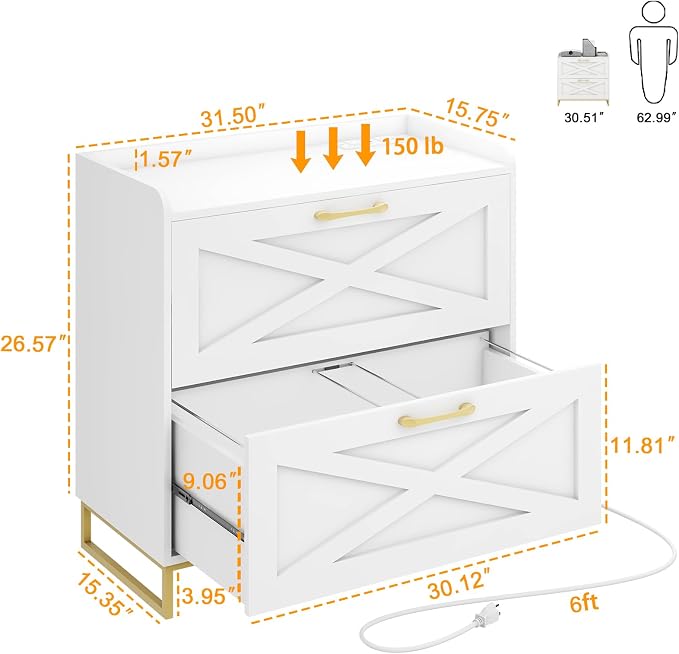 File Cabinet 2 Drawers Lateral File Cabinet with Charging Station for Letter/Legal/A4 Size Hanging Files, Large Wood File Storage Cabinets Printer Stand for Home Office, White and Gold