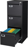 MIIIKO 3 Drawer File Cabinet, Black Metal Vertical Filing Cabinet with Lock, Home Office File Folders Storage Cabinet for Letter Legal A4 File Size