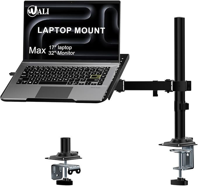 WALI Laptop Desk Mount for 17 inch Notebook, Adjustable Single Monitor Arm with Laptop Holder for 32 inch Screen, Laptops Stand with Ventilated Tray, Up to 22 lbs, (M00LP), Black