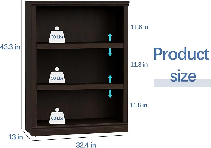 blini 3-Shelf Bookcase Wooden Bookshelves Dark Cherry 33in Wide Floor Standing Display Storage Shelves Tall Bookcase for Home Office, Living Room, Bed Room