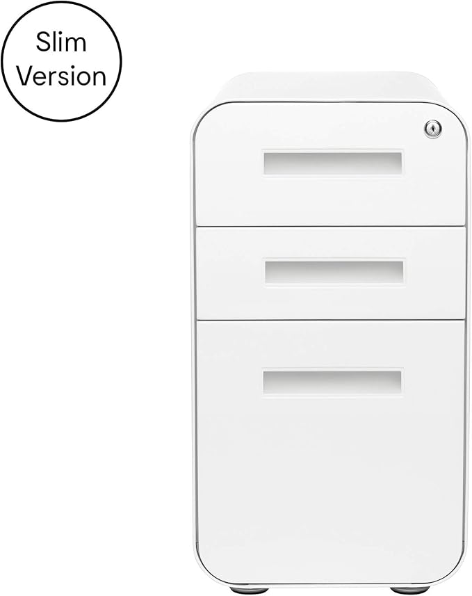 Laura Davidson Furniture Stockpile Slim 3-Drawer Mobile File Cabinet with Lock - Under Desk Metal Filing Cabinet, Legal/Letter File Folders, Wheels and Stationary Feet, Pre-Assembled, White