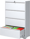 4 Drawer File Cabinet with Lock, White Metal Lateral Filing Cabinets for Home Office, Heavy Duty Steel Horizontal Locking Storage Cabinet for Legal/Letter/A4 Size File, Assembly Required