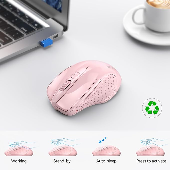 TECKNET Wireless Mouse (2.4G & BT5.0/3.0) Silent 4800 DPI Computer USB A & Bluetooth Mouse 6 Buttons, Wide Compatibility - Pink
