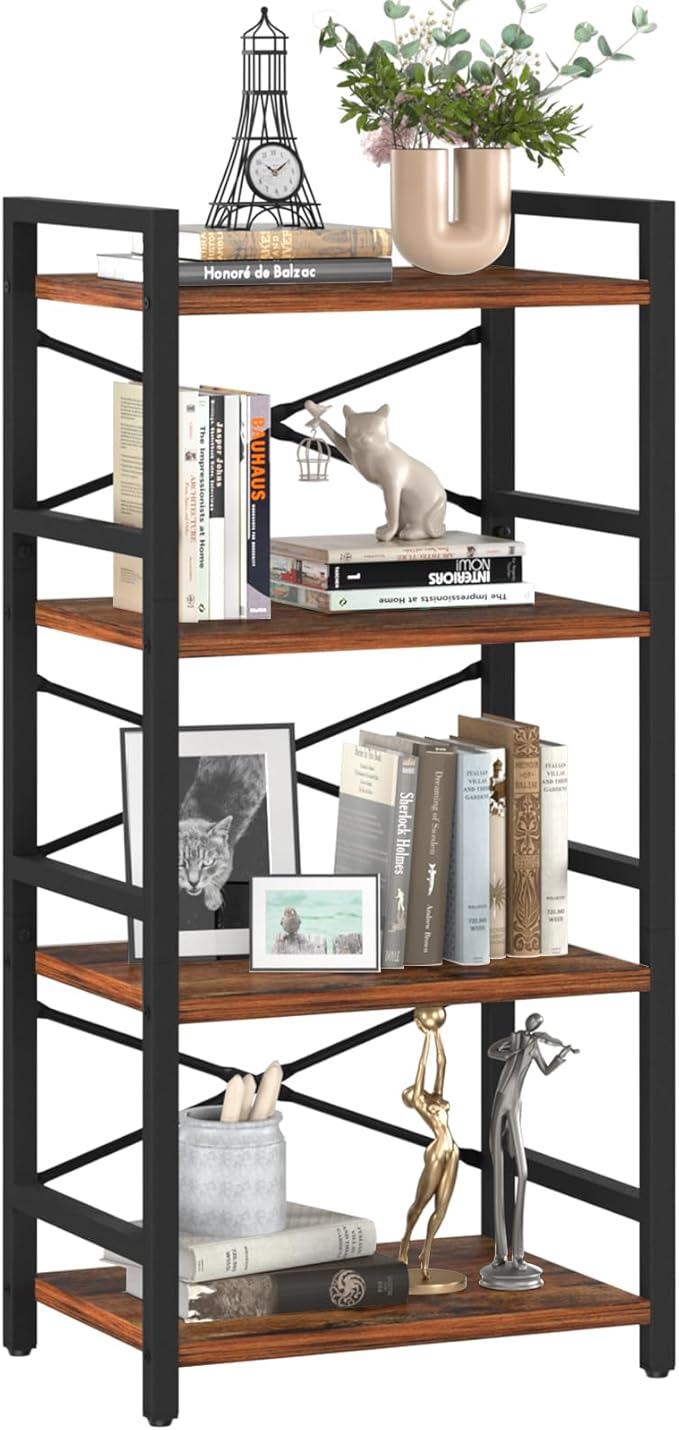 Yoobure 4 Tier Bookshelf - Small Book Shelf Industrial Bookcase, Narrow Book Case Book Storage Organizer for CD/Movie/Book, Bookshelves for Bedroom Office Living Room Berry Brown