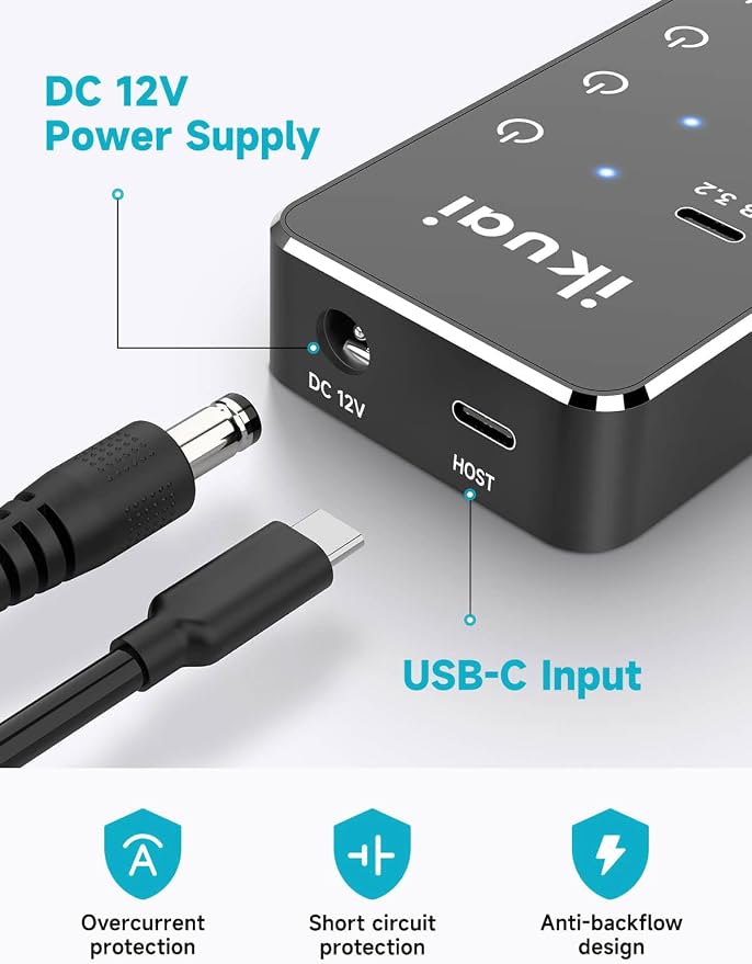 Powered USB Hub, ikuai 10-Port USB 3.2 / USB C Hub, with 3 10Gbps Data Ports and 7 USB 3.0 Ports (4 USB-C + 3 USB-A) for Mac PC Laptops and More