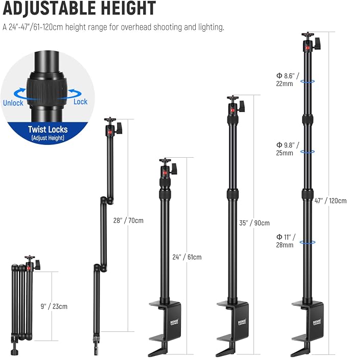 NEEWER Upgraded Overhead Camera Rig with Trifold Camera Boom Arm (Max Load 2lb), 47"/1.2m Telescopic Desk Mount Stand (Max Load 8.8lb) with Phone Clamp Ball Head for LED Light Webcam Mic, TL253A+MH022