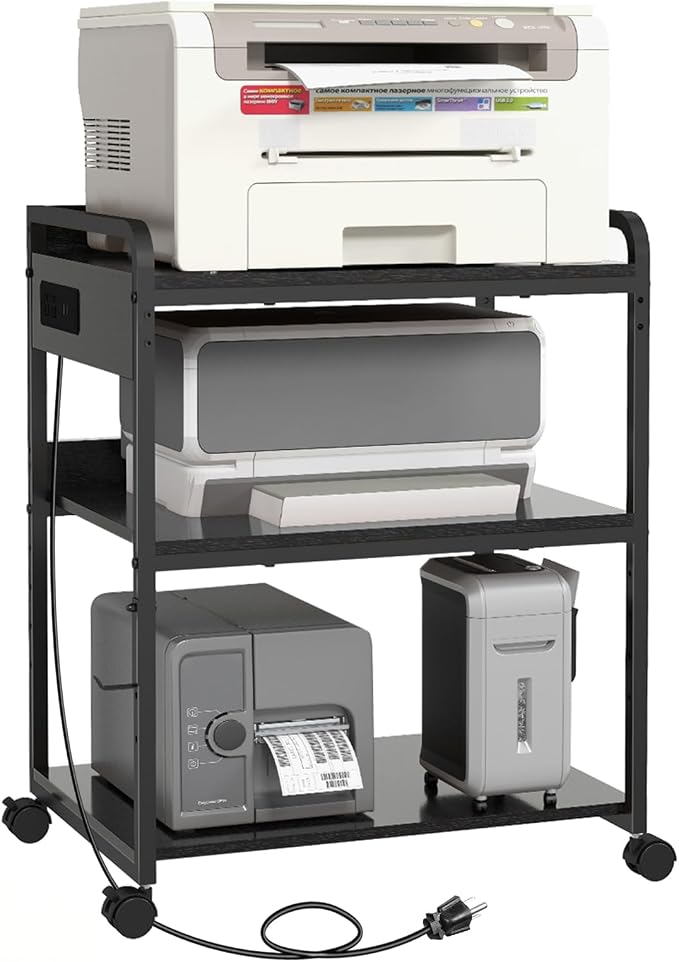 Livofloral Printer Stands with Charging Station, 25.2 x 18.9 Inch Large Printer Stand with Wheels for Home Office, 3 Tier Printer Table with Power Outlet USB Port, Printer Shredder Stand, Black