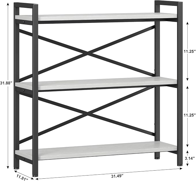 Homeiju 3 Tier Bookshelf 31.49" Width, Wood and Metal Etagere Bookcase, Vintage Farmhouse Modern Wooden Big Book Shelf for Home Living Room Bedroom Office Storage(White)