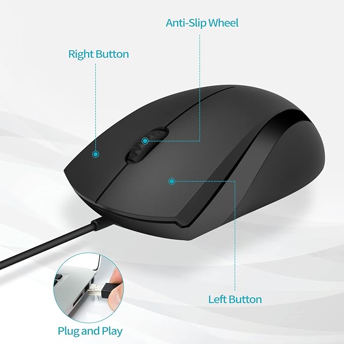 Rapoo Silent Wired Mouse, 1000 DPI 5ft Cord Quiet Button Optical Computer Mouse, Left Right Hand Use, for Laptop Chromebook Mac Notebook, Matte Black