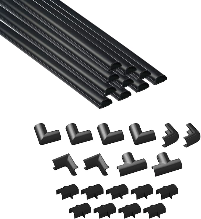 D-Line 157in Cord Hider Kit, Patented Cable Cover, Hide Wires on Wall, Channel for TV Mount Cords, Raceway Wire Hiders, Paintable, Adhesive, Half Round, 10x 0.78in W x 0.39in H x 15.7in L, Black