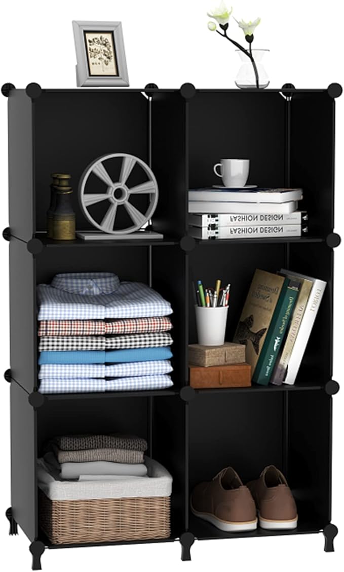 AWTATOS Cube Storage Organizer, Storage Cubes Shelves Bookshelf, 6 Cube Closet Organizers and Storage, DIY Stackable Plastic Clothes Organizer Shelving for Bedroom, Home, Black