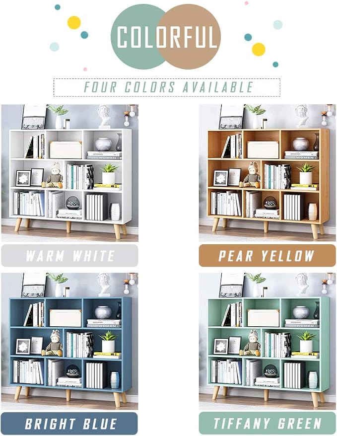 IOTXY Wooden Open Shelf Bookcase - 3-Tier Floor Standing Display Cabinet Rack with Legs, 8 Cubes Bookshelf, Pear Yellow