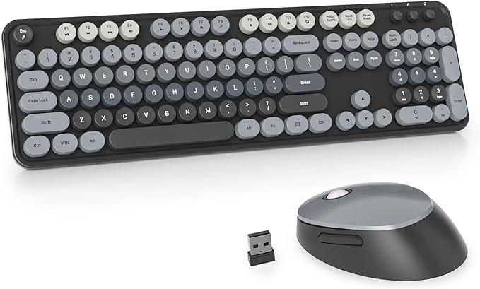 Guffercty kred Colorful Grey Wireless Keyboard and Mouse Combo, Retro Typewriter Wireless Full-Size Cute Office Keyboard 2.4GHz with Round Keycaps for Desktop Laptop and PC(Gradient Black)