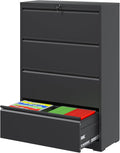 4 Drawer File Cabinet with Lock, Black Metal Lateral Filing Cabinets for Home Office, Heavy Duty Steel Horizontal Locking Storage Cabinet for Legal/Letter/A4 Size File, Assembly Required