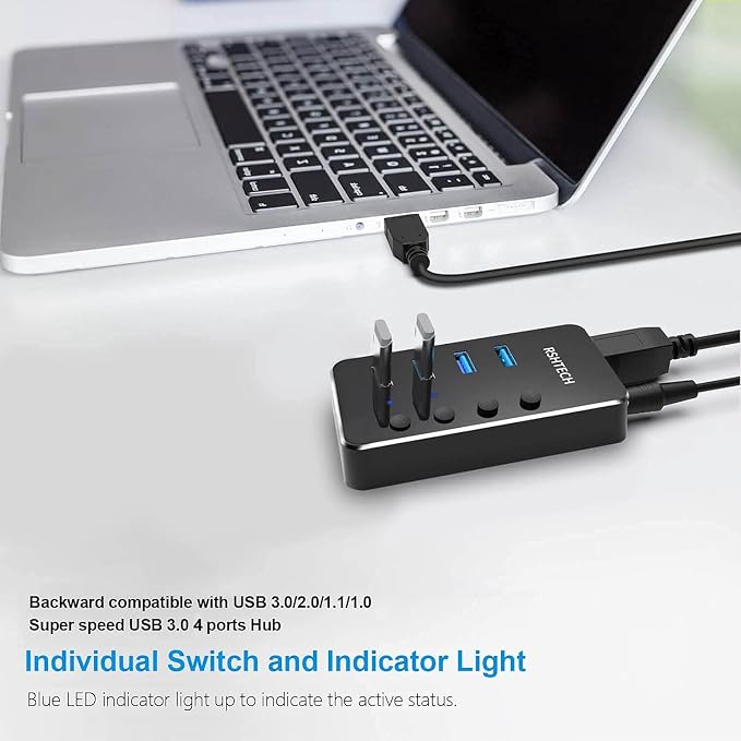 Powered USB hub RSHTECH 4 Port USB C to USB 3.0 Port Hub Expander Aluminum Portable USB 3.0 hub Splitter with 5V AC Adapter and Individual On/Off Switches (RSH-516-C)