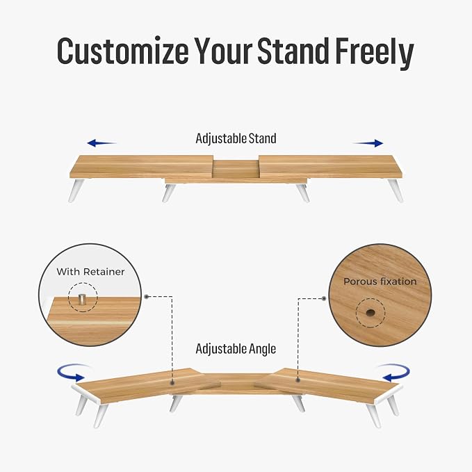 loukin Dual Monitor Stand Riser for Desk, 43.6"*8.2"*3.2" Large Computer Stand for 2 Monitors, Laptop, Printer, Length and Angle Adjustable Computer Shelf, Home Office,Max 43.6" Length Natural