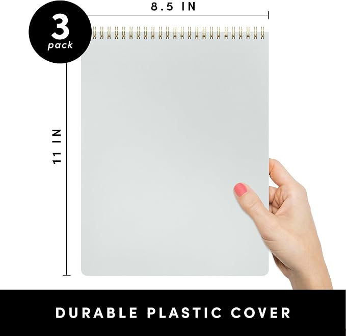 PAPERAGE Top Bound Spiral Notebook, 3 Pack, Lined Notepad, (Black/Dark Green/Grey), 70 Sheets (140 Pages) Per Notebook, Wide/Legal Ruled, 8.5 inches x 11 inches