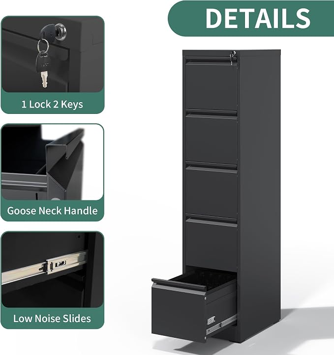 5 Drawer File Cabinet, Metal Vertical Filing Cabinets for Home Office, Steel Storage Cabinet for Hanging Legal/Letter Size Files, Assembly Required (Black)