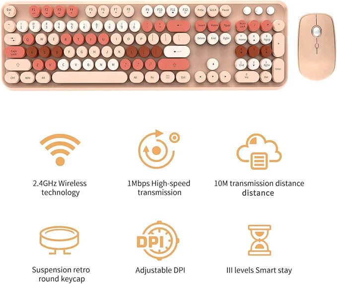 FOPETT Keyboard and Mouse Sets Wireless,Reliable 2.4 GHz Connectivity for PC,Laptop,Smart TV and More (Milk Tea Color)