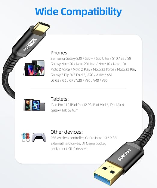 SUNGUY Android Auto USB C Cable, [2-Pack, 5FT] Braided 3A Fast Charging & 10Gbps Data Transfer USB C CarPlay Cable, for iPhone 17/16/15 Pro Max, Galaxy S22 S21 Note 20, Pixel 6 5 (Black)