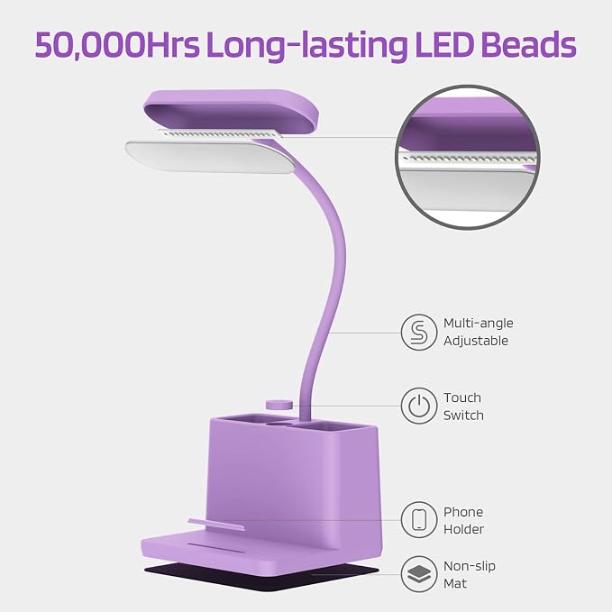 AXX Cute Purple Desk Lamp, Rechargeable Study Table Light for Home Office, Small, Battery Operated, LED, Flexible Gooseneck, Mini, Cordless, College Dorm Room Desktop Accessories for Teen Girls