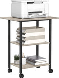 Lerliuo 3-Tier Printer Stand, Industrial Mobile Printer Table with Storage Shelf and Steel Frame, Rolling Printer Cart Holder with Lockable Wheels for Home, Office (Oak)