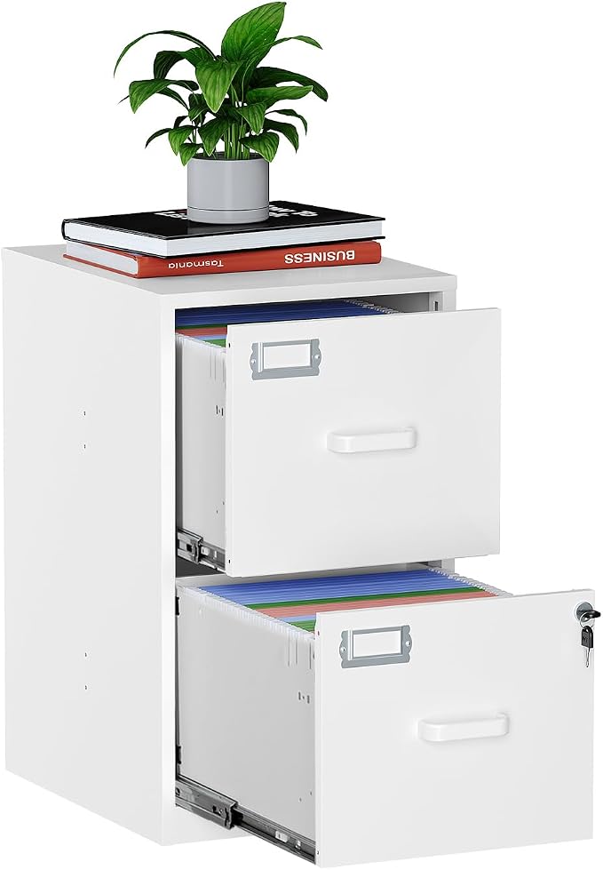 MIIIKO 2 Drawer Filing Cabinet with Lock, Metal Vertical File Cabinets for Home Office, Lockable File Storage Cabinets Under Desk, Letter/A4 File Folders Storage（White-Assembly Required