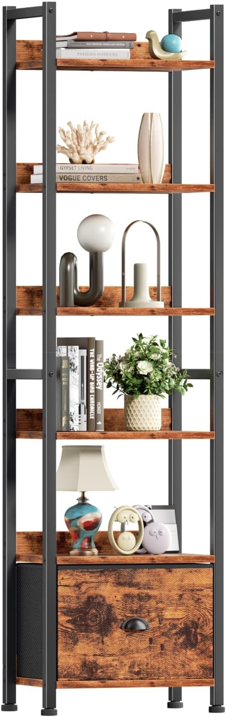 Furologee 6 Tier Bookshelf, Tall Shelf with Drawer, Wood and Metal Bookshelves Storage Organizer, Industrial Display Shelving Unit for Bedroom, Living Room, Home Office, Rustic Brown
