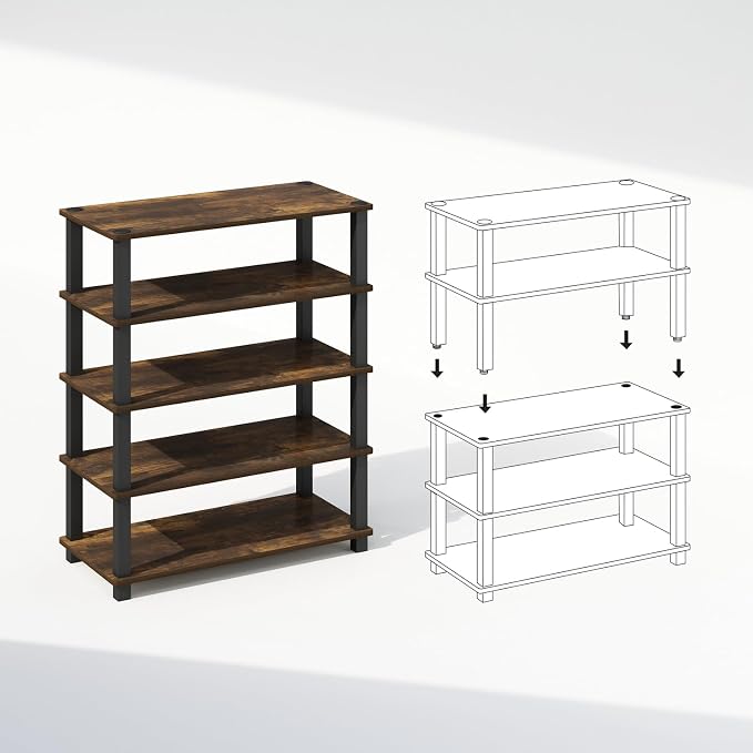 Furinno Turn-S-Tube Storage Shelves Set of 2, 3-Tier Stackable Standing Shelf, Open Corner Shelf, for Organization and Storage, Living Room, Garage, Home Office, Amber Pine