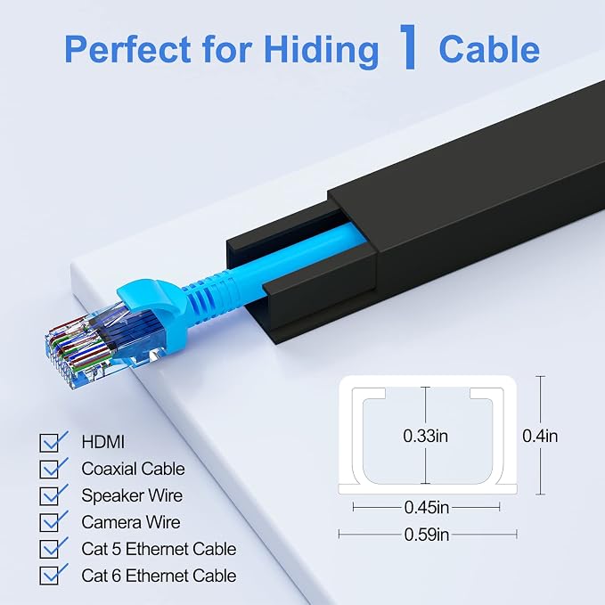 Yecaye Cord Hider, 113in Black Cord Covers for Wires on Wall, One-Cord Cord Organizer, Easy Install Cable Management Kit, Cable Cover Home Office, W0.59in H0.4in, Black