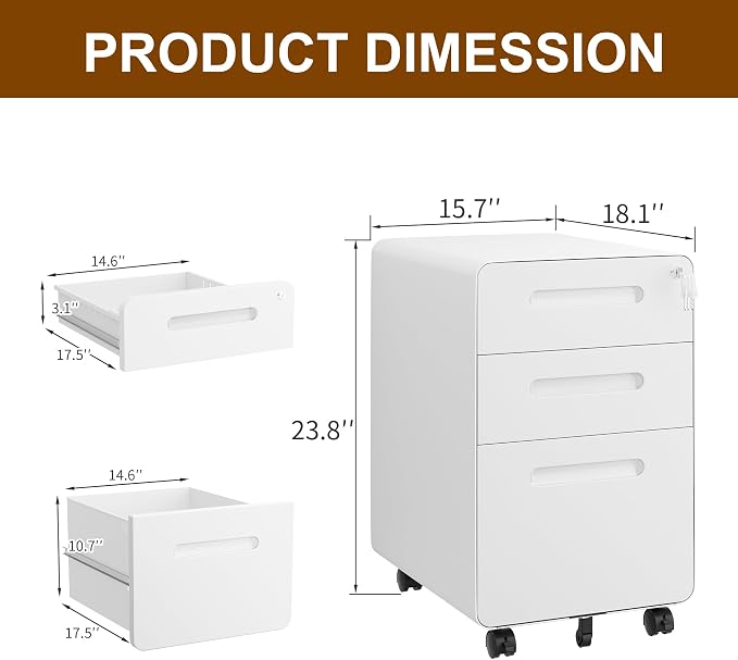 3 Drawer File Cabinet with Lock and 4 Keys, Mobile Metal Filing Cabinet, File Cabinets for Home Office, Under Desk, Pre-Assembly, File Drawer, Letter/Legal/A4 Hanging File Folders