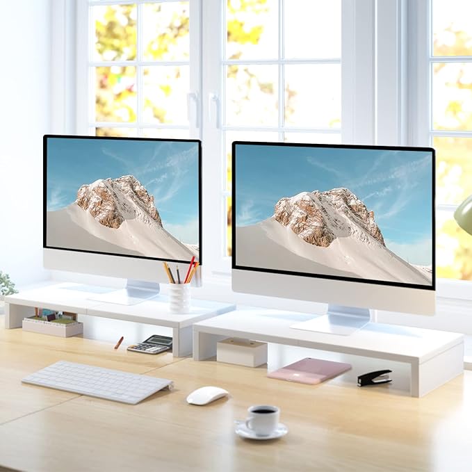 TEAMIX 2 Pack White Monitor Stand Riser - 20 inch, Wooden Desktop Stand for PC/TV/Laptop/Printer, Monitor Riser with Storage, Computer Stand with Keyboard Organizer