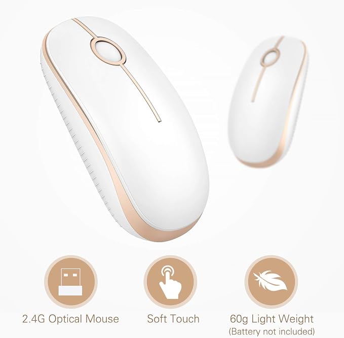 VssoPlor Wireless Mouse, 2.4G Slim Portable Computer Laptop Mouse with Nano Receiver Quiet Silent Optical Mice for Notebook, PC, Laptop, Computer-White and Gold