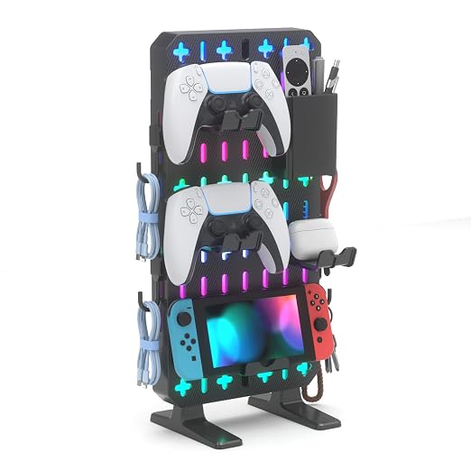 KDD 6 in 1 RGB Gaming Desk Accessories - No Drill Desk Organizer with Phone Stand/Storage Box/Headset & Controller Holder/Hooks, Freestanding Gaming Pegboard for Office & Home Desktop Decor Organizer
