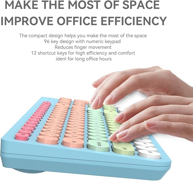Wireless Keyboards Mouse Combos, Colorful Cute Typewriter Full-Size Retro Round Keyboard, 2.4GHz Sleep Mode Office Quiet Wireless Creamy Keyboard and Mouse Set for Desktop Laptop PC Computer-Blue