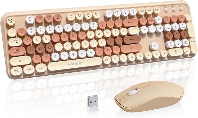 FOPETT Wireless Keyboard and Mouse Combo, 105 Keys Full-Sized 2.4 GHz Round Keycap Colorful Keyboards, USB Receiver Plug and Play, for Windows, Mac, PC, Laptop, Desktop (Milkteacolorful)